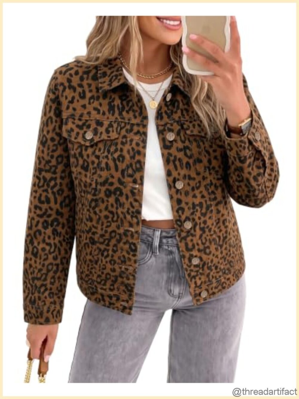 Stretch Denim Trucker Jacket Leopard Cheetah Print Cropped Jean Jacket